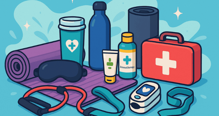Cartoon-style illustration of healthcare swag items including a yoga mat, sleep mask, resistance band, tumbler, aromatherapy bottle, hand lotion, first aid kit, and pulse oximeter.