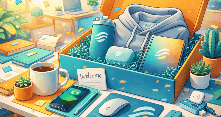 Employee welcome kit ideas illustrated with colorful onboarding gift boxes, branded swag, and desk essentials in a modern workspace