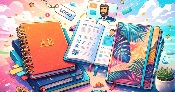 Colorful cartoon-style illustration of creative notebook customization, featuring personalized, tropical, and spiral-bound notebooks in a vibrant setting.