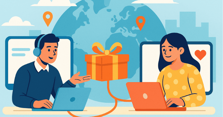 Cartoon illustration of remote workers exchanging a gift box online to build client loyalty through corporate swag.