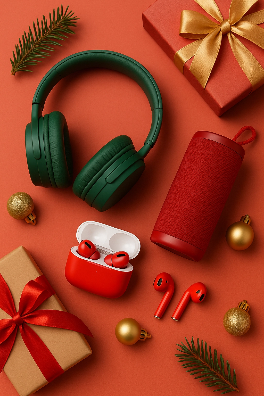 Flat lay of holiday-themed audio promotional products, including green over-ear headphones, red wireless earbuds in a white case, and a red Bluetooth speaker, surrounded by pine branches, gold ornaments, and wrapped gifts on a warm coral-red background.