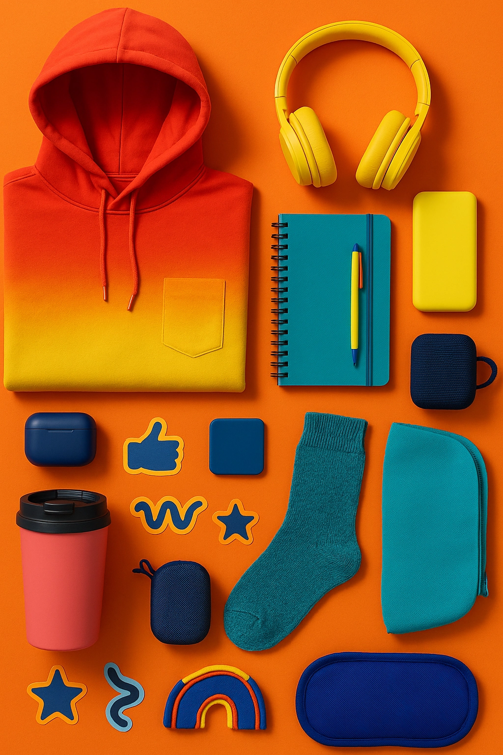 Flat lay of colorful swag items including a hoodie, notebook, headphones, and socks, illustrating branded gifting trends 2025 for HR teams