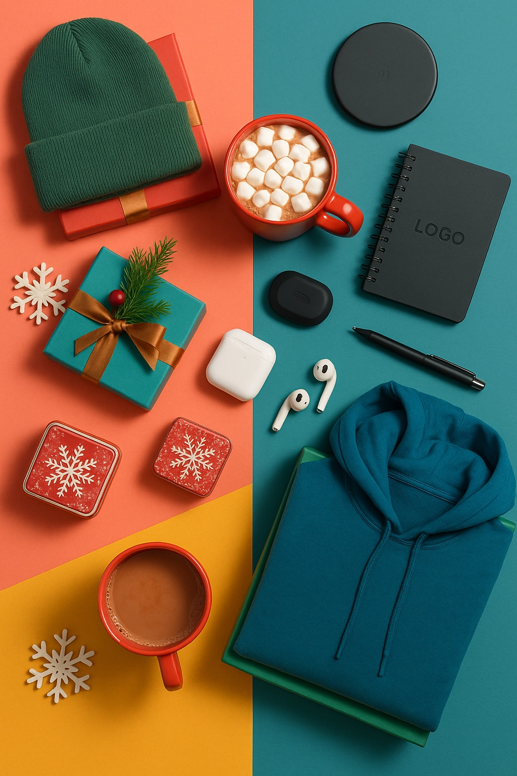 Flat lay of colorful holiday swag items including a green knit beanie, red ceramic mug with hot chocolate, teal hoodie, wireless earbuds, black notebook, and gift boxes arranged on a vibrant coral, teal, and mustard background.