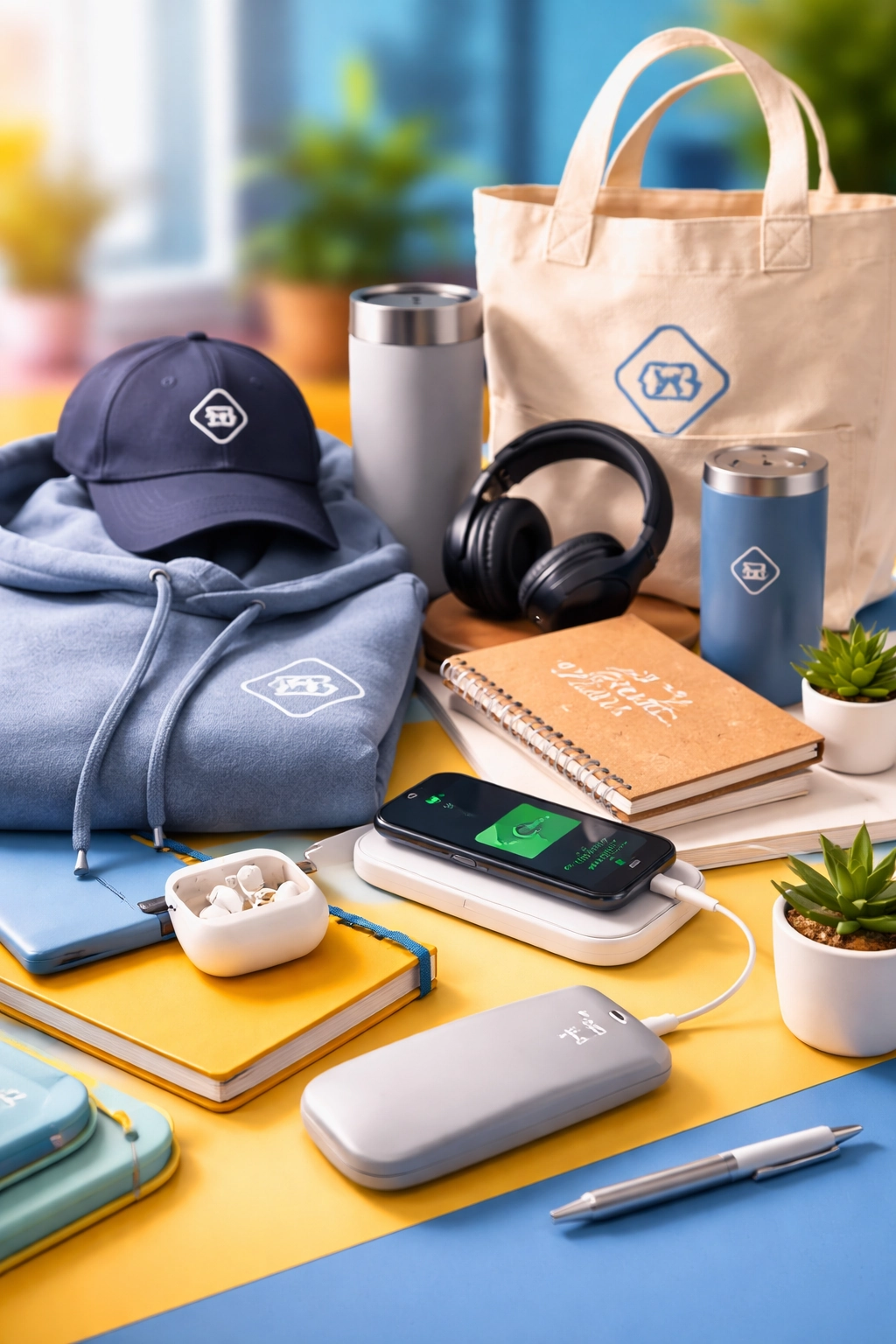 Best branded merchandise for employee engagement including a hoodie, power bank, wireless earbuds, custom notebook, tote bag, cap, and water bottles, arranged on a colorful desk with soft office background.