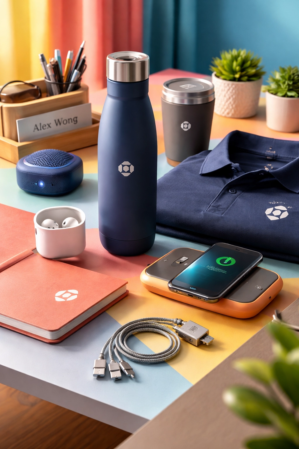 Vertical photo of colorful branded corporate swag on a modern desk, including a navy water bottle, wireless charging pad with phone, custom polo shirt, Bluetooth speaker, nameplate, notebooks, earbuds, and a multi-USB cable, all arranged with plants and office decor in a vibrant workspace.