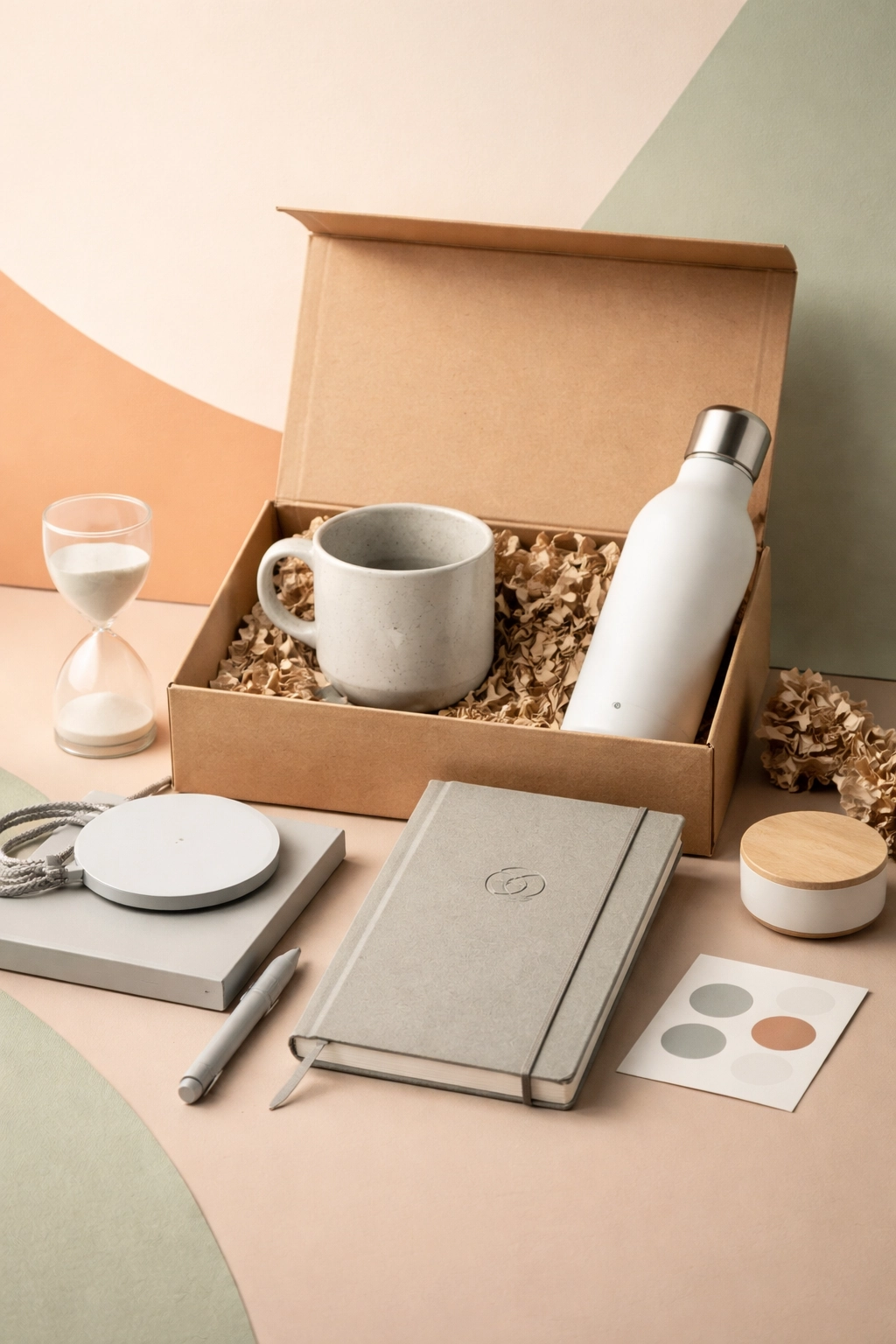 Minimalist swag flat lay featuring a kraft gift box with crinkle paper, containing a ceramic mug and white insulated bottle, surrounded by a gray notebook, wireless charger, pen, bamboo-lid container, hourglass, and sticker sheet—all arranged on a soft pastel surface in sage, beige, and peach tones.