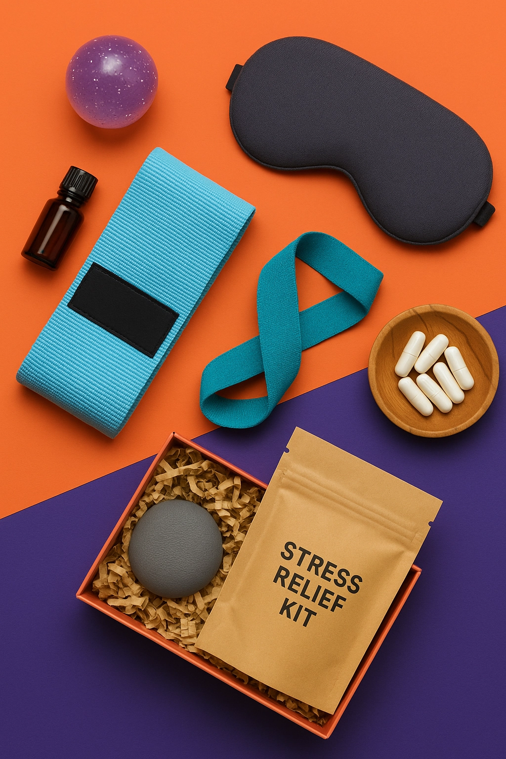 Flat lay of wellness swag items on vibrant orange and purple background, featuring a sleep mask, resistance bands, stress ball, supplement capsules, essential oil bottle, and a branded stress relief kit in a gift box.