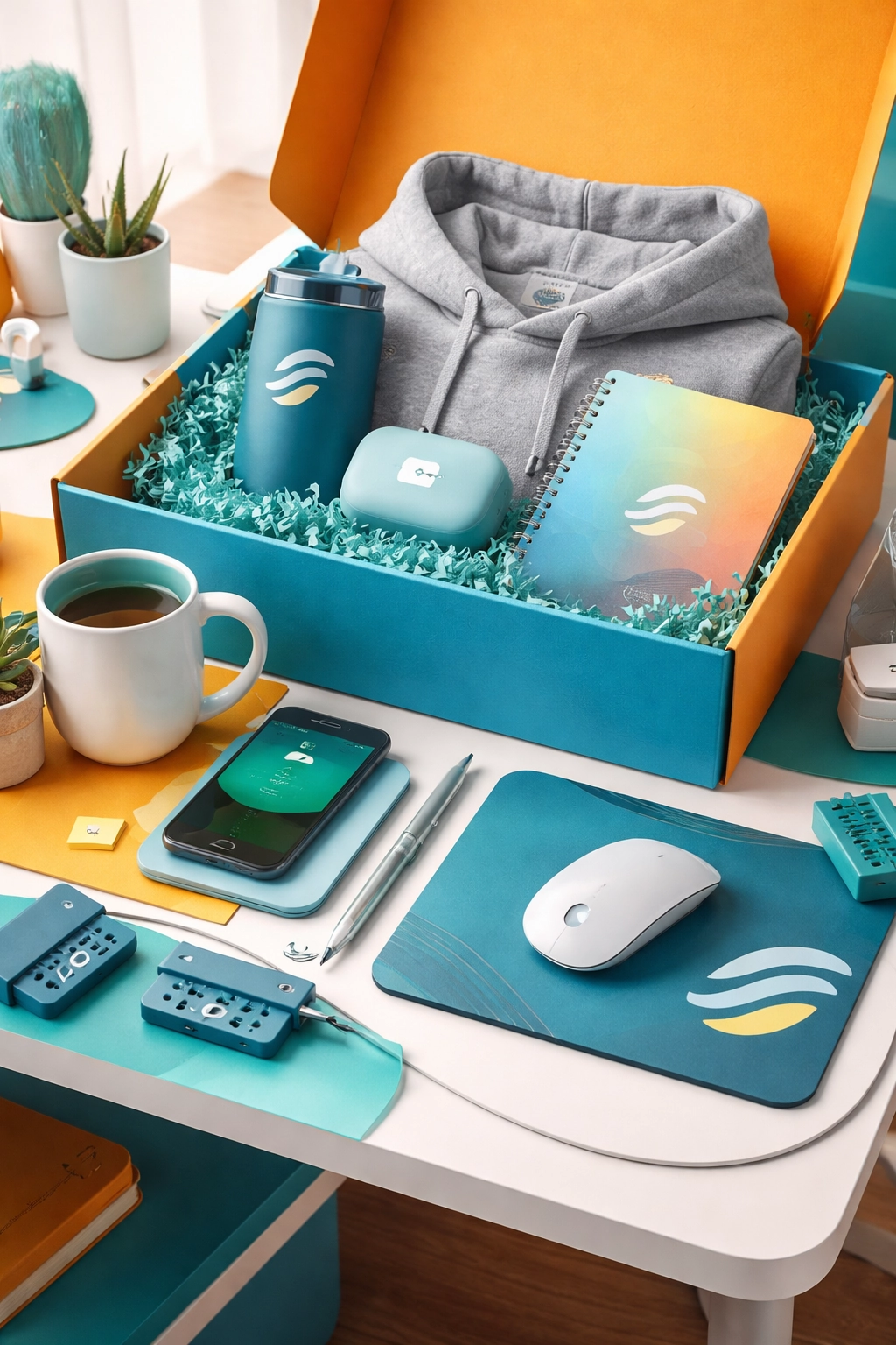Employee welcome kit ideas featuring branded apparel, tech accessories, and desk essentials arranged in a modern onboarding gift box