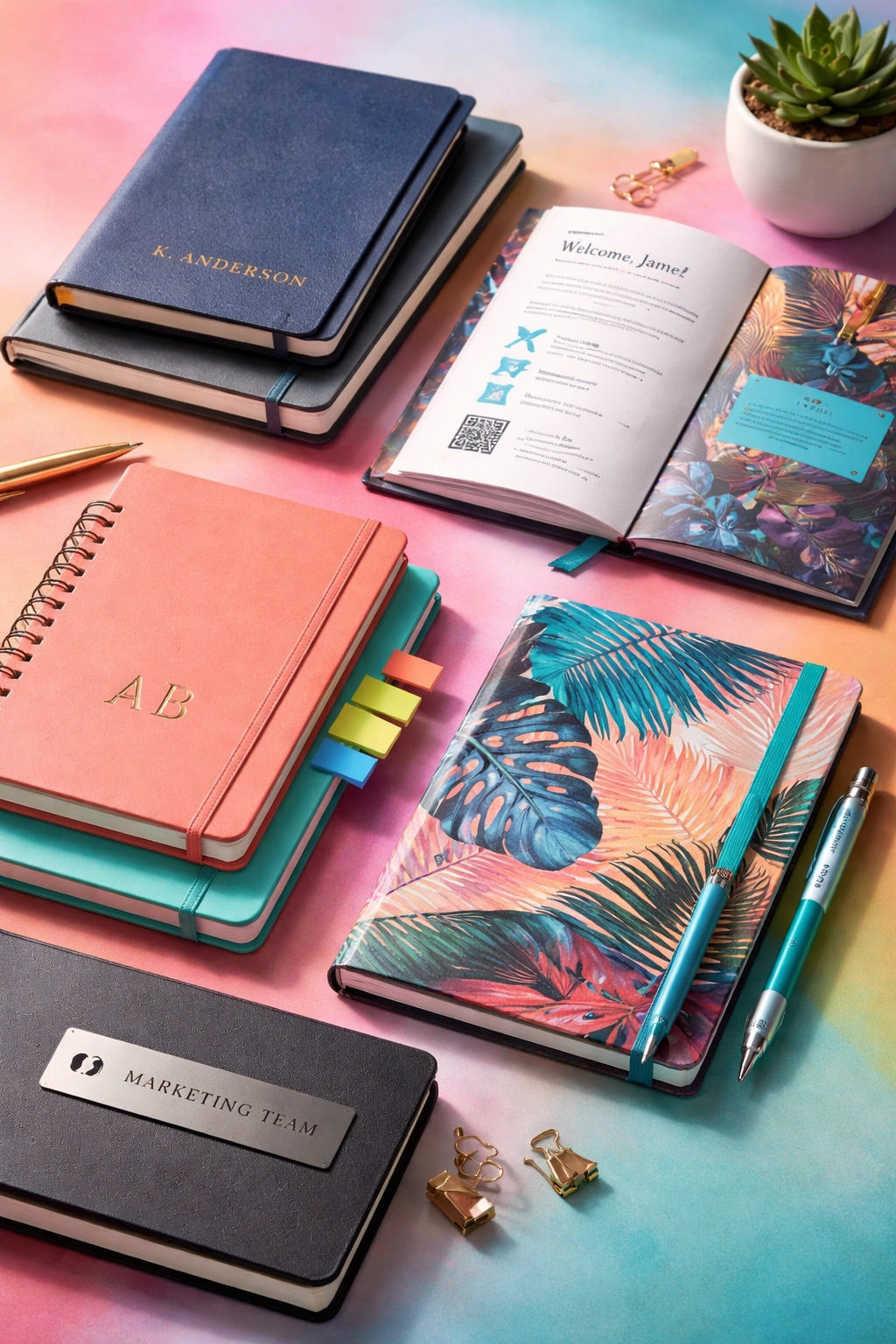 A variety of customized notebooks displayed on a colorful background, showcasing notebook customization features like personalized covers, insert pages, and branded designs.