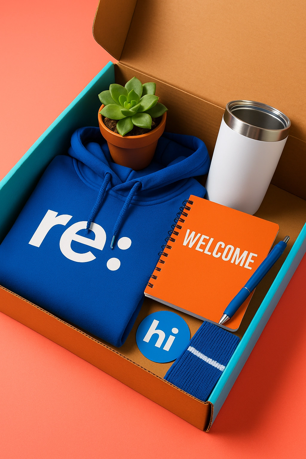 A colorful employee welcome kit featuring a branded hoodie, stainless steel tumbler, orange notebook, succulent plant, and swag items arranged in a gift box — representing modern employee welcome kits.