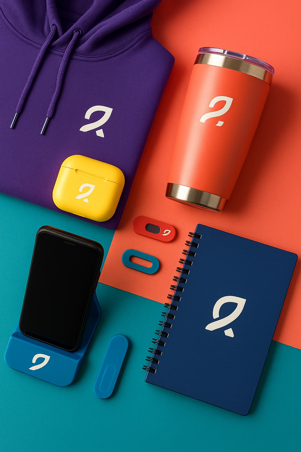 Colorful branded startup swag arranged on a teal and coral background, including a purple hoodie, yellow earbuds case, coral tumbler, blue phone stand, red webcam covers, and a navy notebook, each featuring a sleek white logo.