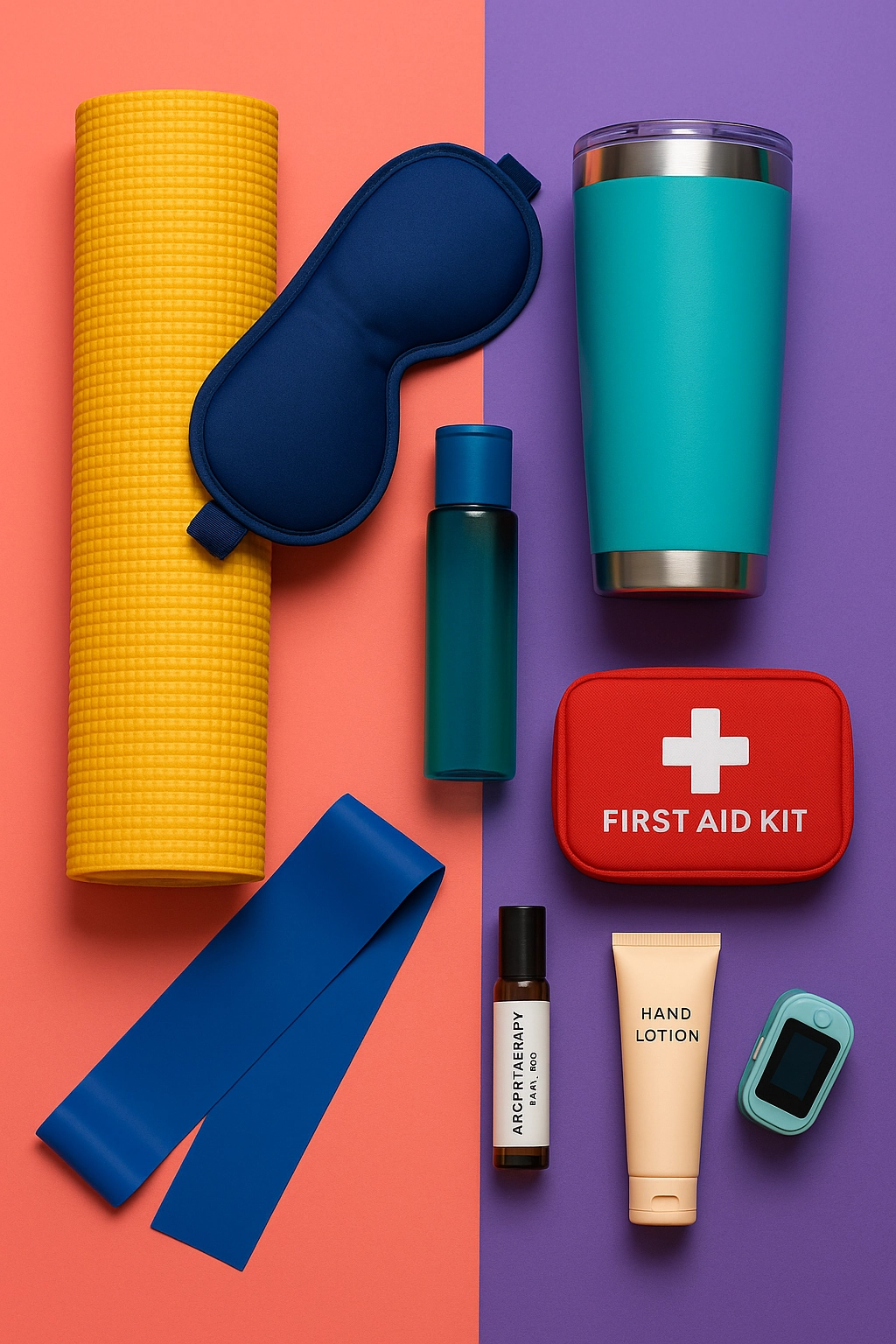 Healthcare swag items including a yoga mat, sleep mask, resistance band, tumbler, first aid kit, hand lotion, aromatherapy roll-on, and pulse oximeter on a colorful background.