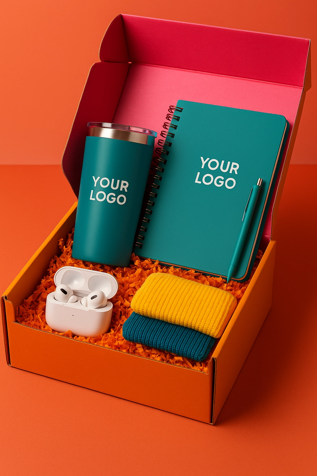 Custom gift box with branded items like a tumbler, notebook, earbuds, and socks—used to build client loyalty in a remote business setting.
