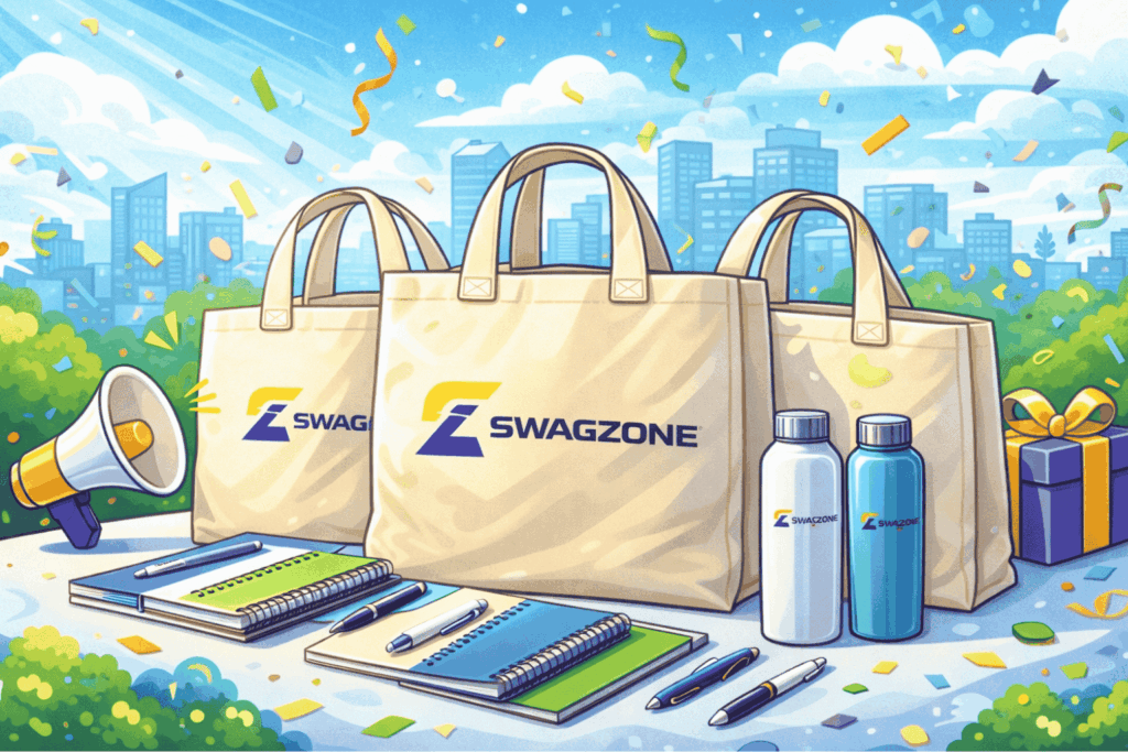 Cartoon-style illustration of custom tote bags with SwagZone logo surrounded by branded swag items and confetti, set against a city skyline backdrop.