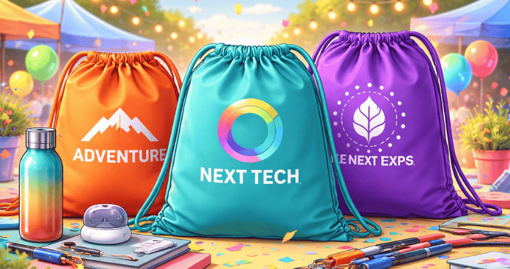 Cartoon-style illustration of custom printed drawstring bags displayed at a colorful promotional event with branded swag items.