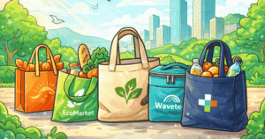 Cartoon-style illustration of five custom reusable shopping bags filled with groceries, set against a sunny city park background with skyscrapers, trees, and birds in the sky.