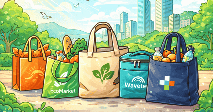 Cartoon-style illustration of five custom reusable shopping bags filled with groceries, set against a sunny city park background with skyscrapers, trees, and birds in the sky.