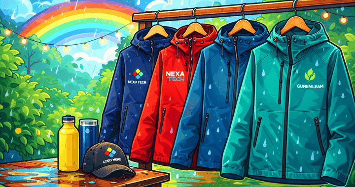 Cartoon-style image of colorful custom rain jackets with logo hanging on a wooden rack in a rainy outdoor setting, with a rainbow, lush greenery, and branded swag items on a wet wooden table.