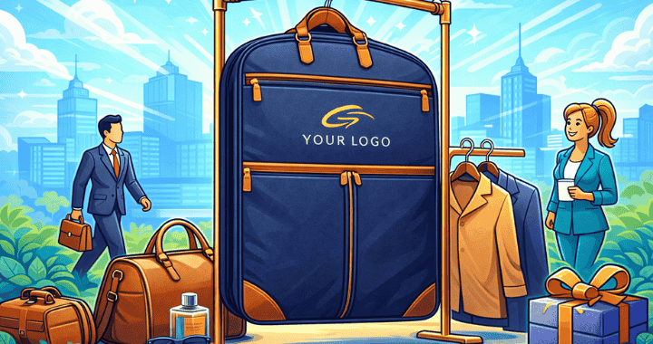 Cartoon illustration of a custom garment bag on a gold rack, surrounded by businesspeople, travel accessories, and gift items in a city backdrop.