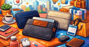 Cartoon-style illustration of branded laptop sleeves on a colorful office desk with gift boxes, tech accessories, and a city skyline in the background.