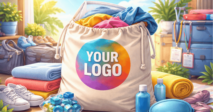 Cartoon-style image of a custom laundry bag surrounded by towels, sneakers, and travel gear in a bright, colorful setting