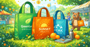 Cartoon illustration of printable reusable bags at an outdoor event with eco-themed branding, showcasing colorful promotional swag in a lively setting.
