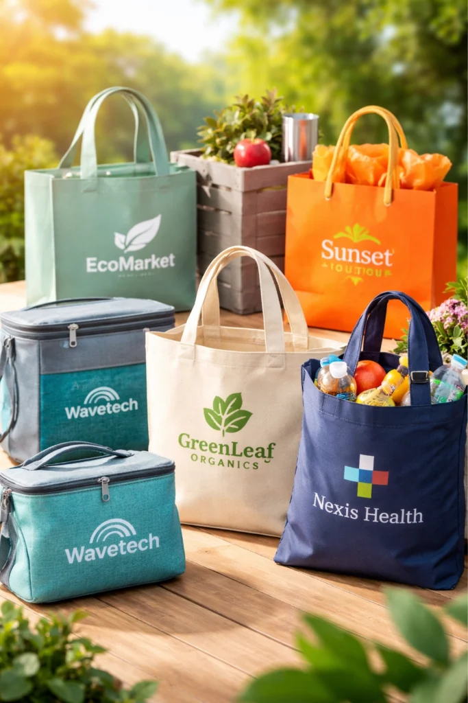 A variety of custom shopping bags displayed on a wooden table outdoors, including eco-friendly canvas totes, insulated cooler bags, and colorful foldable bags, each featuring unique branded logos and surrounded by fresh produce and greenery.