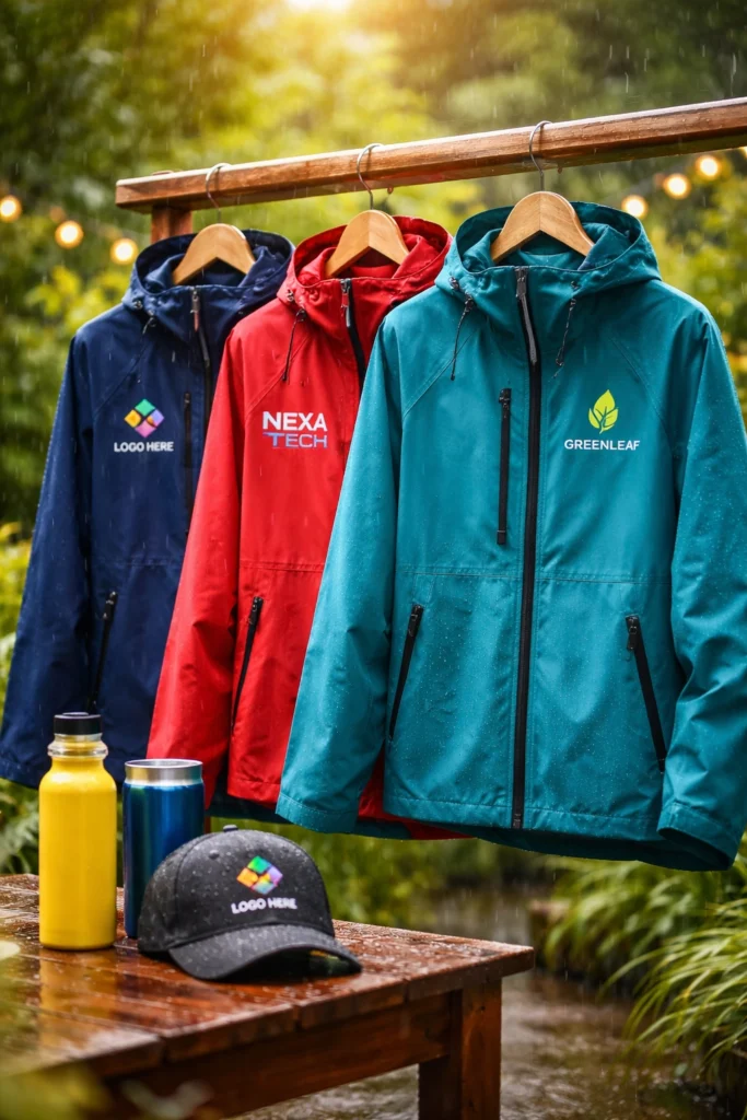 Three custom rain jackets with logo in navy, red, and teal hanging outdoors on a wooden rack during light rain, with branded water bottles and a hat displayed on a wet wooden table in front.