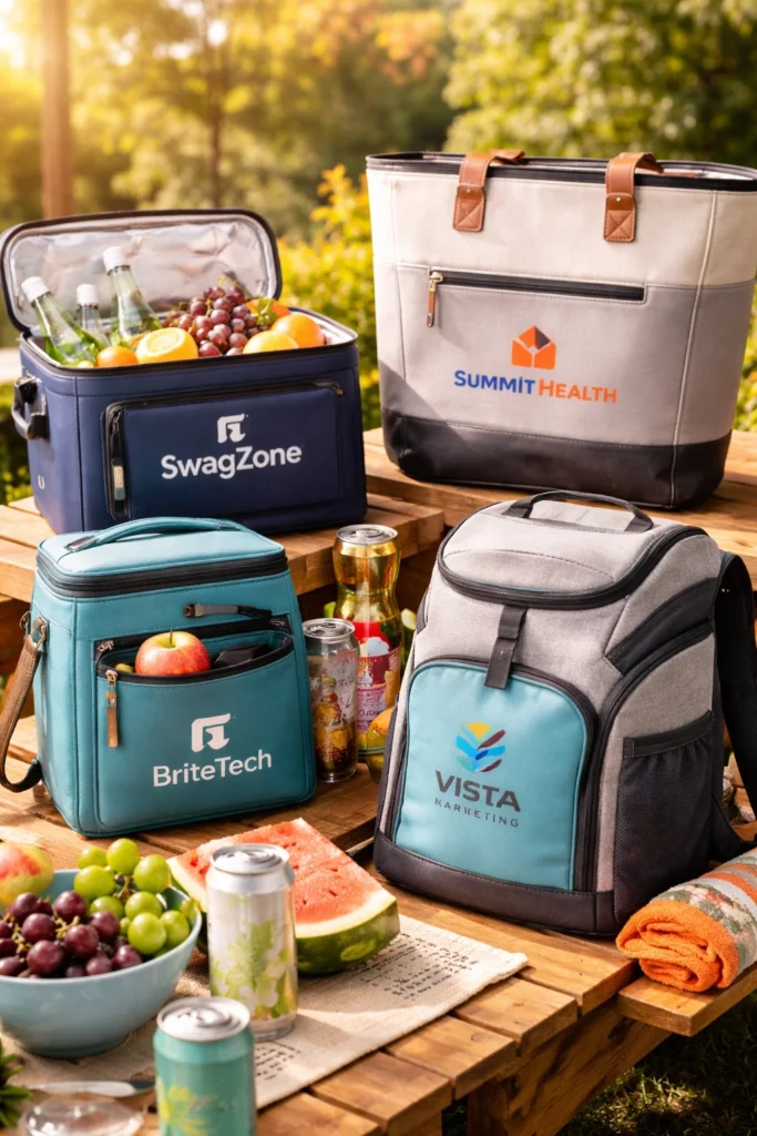 branded insulated bags displayed on a picnic table with fruit, drinks, and colorful backgrounds for corporate swag promotions