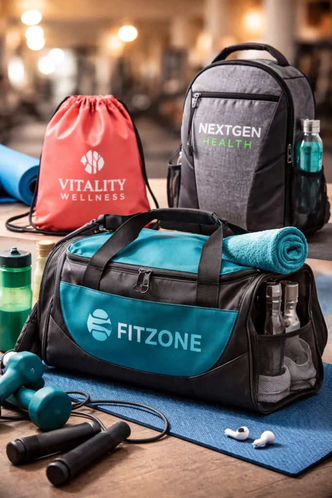Custom gym bags displayed with fitness gear on a gym floor, featuring duffel, drawstring, and backpack styles with company logos.