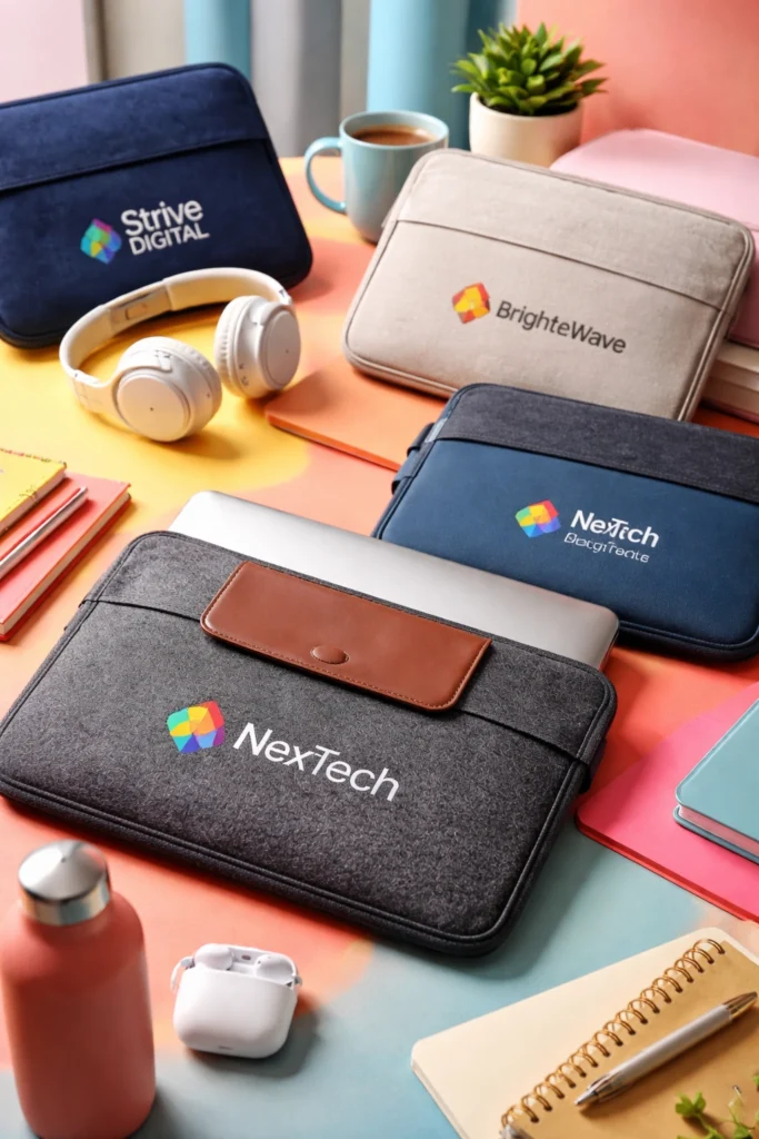 Branded laptop sleeves displayed on a colorful desk with tech accessories and notebooks, showcasing stylish corporate swag in various colors and materials.