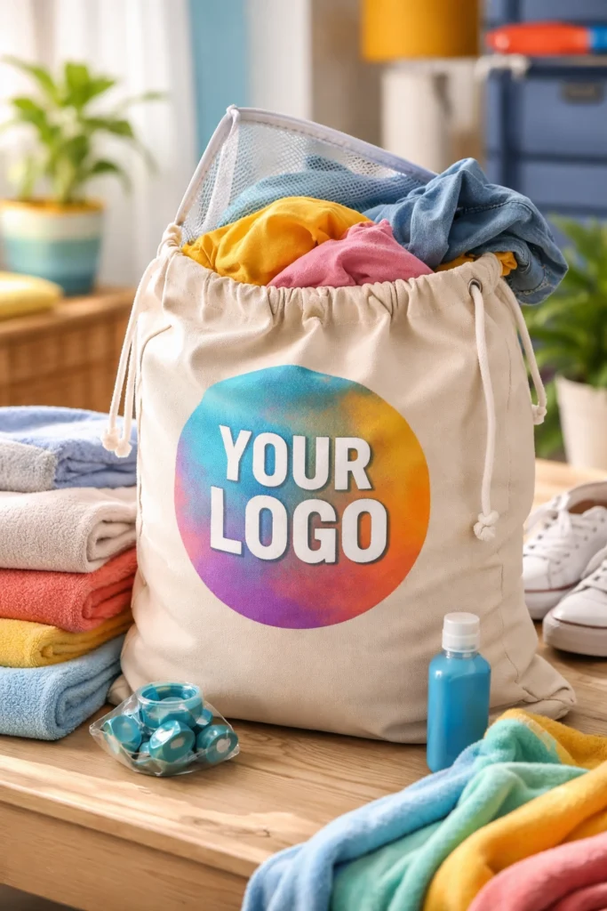 Tall image of a custom laundry bag surrounded by travel and wellness items, resting on a light surface in a bright, modern room