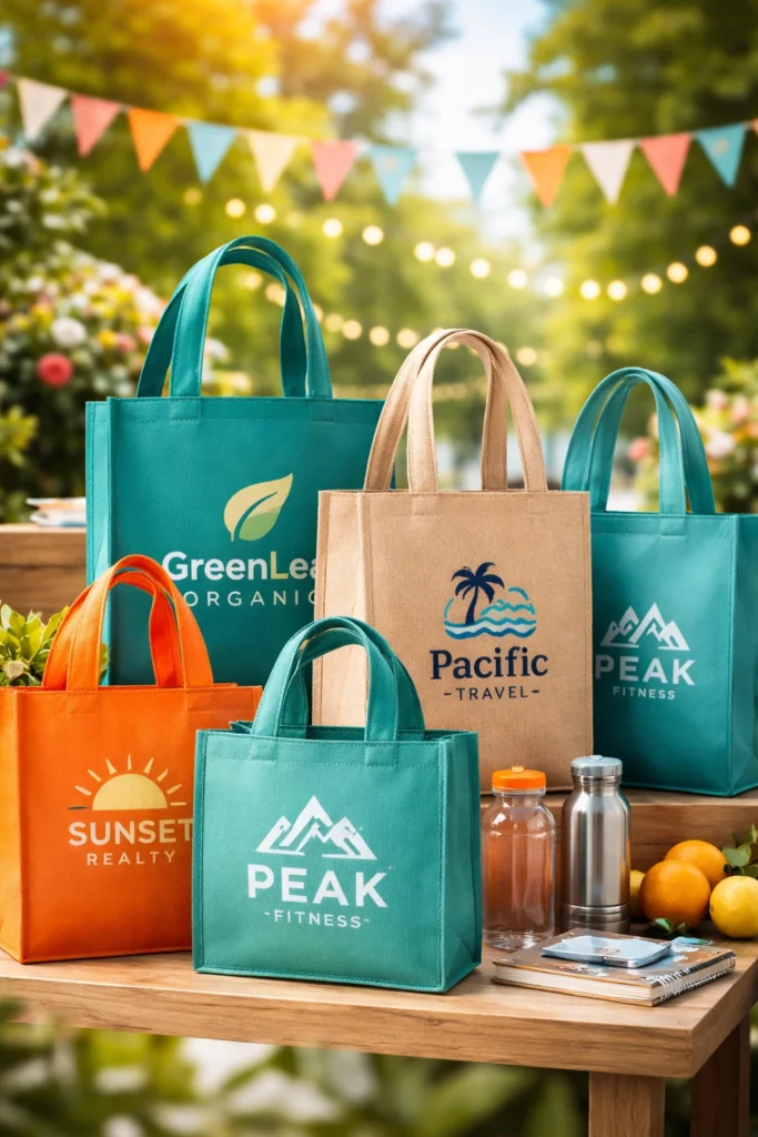 Printable reusable bags displayed in bright colors on a table at an outdoor event, showcasing eco‑friendly promotional tote bags for branded swag