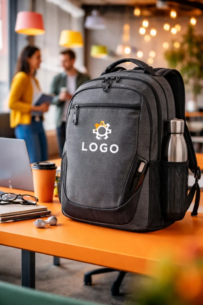 Custom company backpack on modern office desk with branded logo, water bottle, and tech accessories in a collaborative workspace