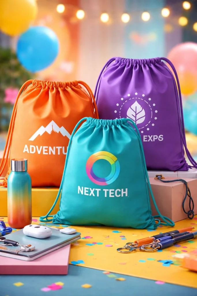 Custom printed drawstring bags styled as conference giveaways with branded promotional items.