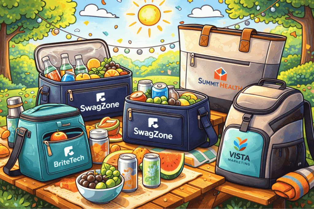 branded insulated bags displayed on a picnic table with fruit, drinks, and colorful backgrounds for corporate swag promotions
