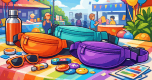 Cartoon-style illustration of custom fanny packs on a colorful event table surrounded by promotional swag at a lively trade show
