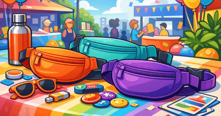 Cartoon-style illustration of custom fanny packs on a colorful event table surrounded by promotional swag at a lively trade show