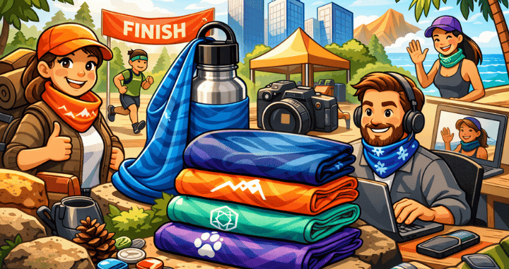 Cartoon illustration of custom neck gaiters in vibrant colors at an outdoor event, with people using them in various settings like hiking, racing, and remote work.
