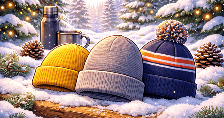 Cartoon style illustration of colorful custom beanies displayed in a snowy winter setting, showcasing vibrant branded winter swag for seasonal marketing campaigns.