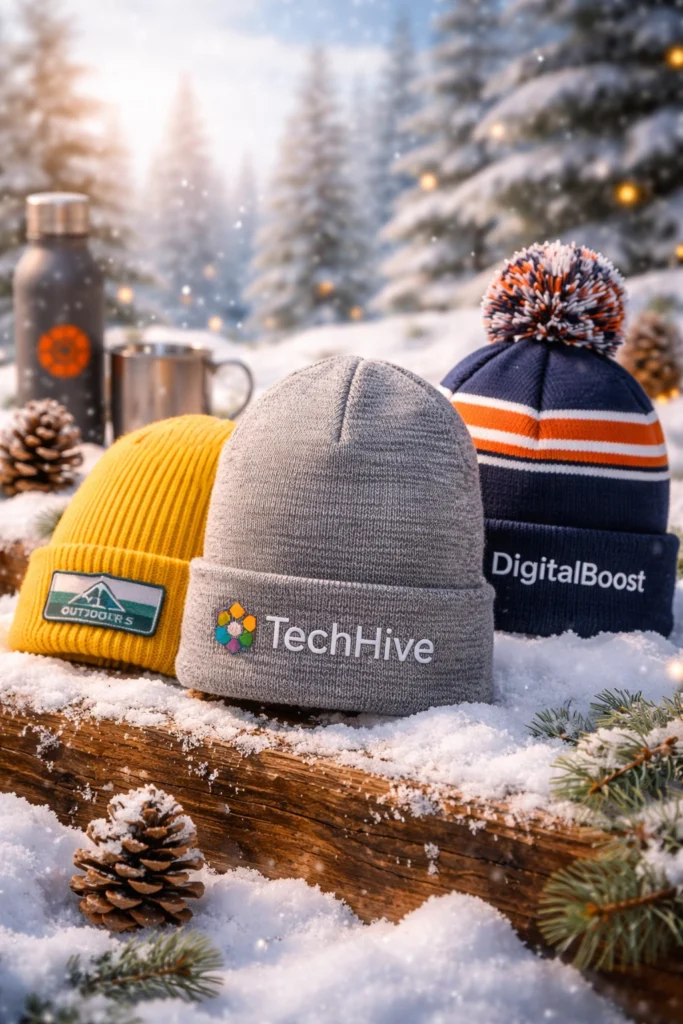 Custom beanies in vibrant yellow, gray, and navy displayed on a snowy wooden surface, styled as premium branded winter swag with embroidered logos and cozy seasonal backdrop.