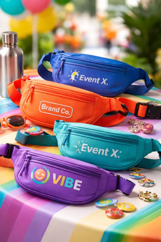 “Colorful custom fanny packs displayed as branded promotional swag for corporate events and marketing campaigns”