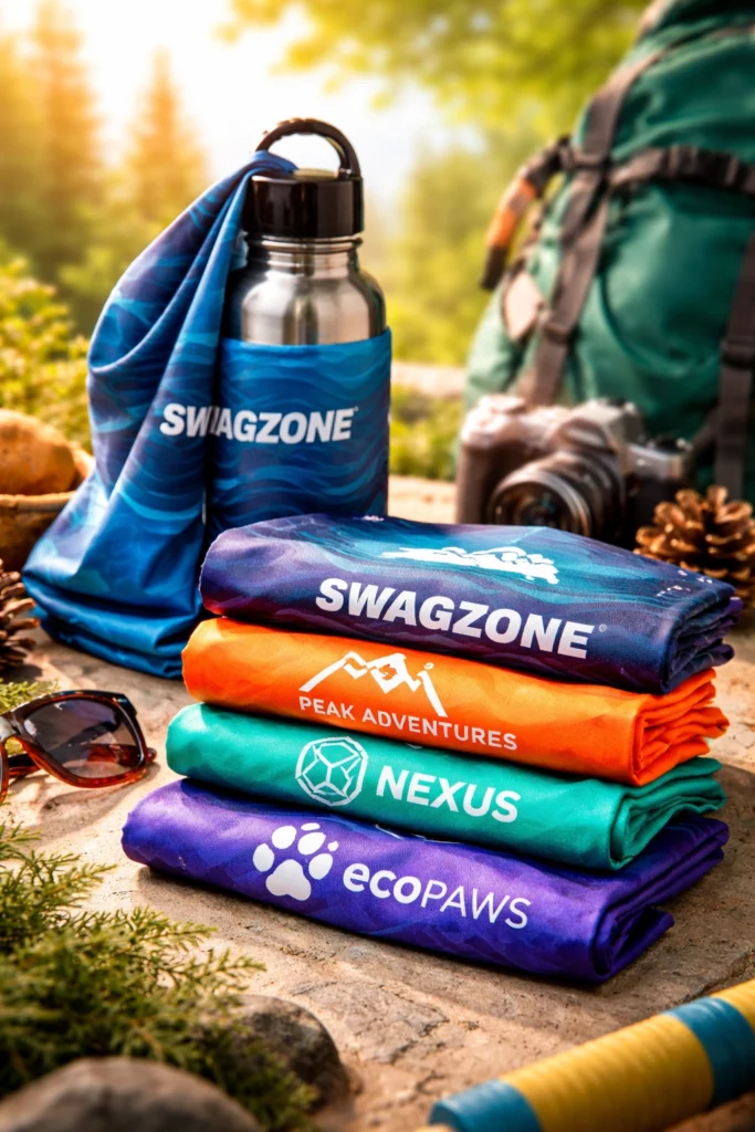 Stacked custom neck gaiters in vibrant colors displayed outdoors on a stone surface with a water bottle, backpack, and camera in the background.
