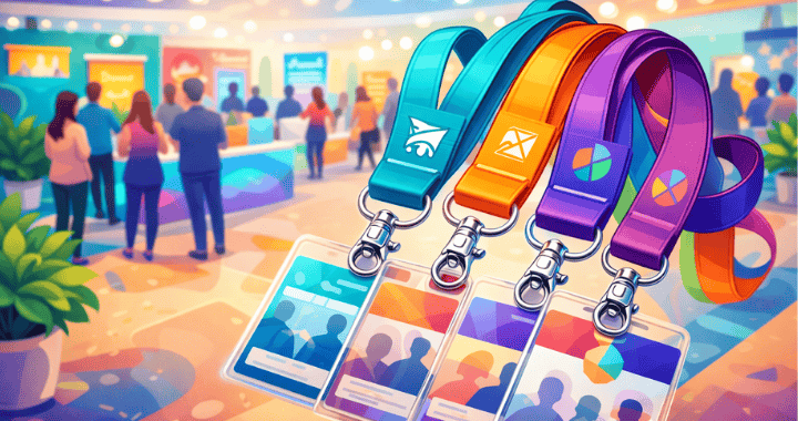 Wide cartoon feature image of vibrant custom lanyards with ID badges at a corporate event, representing custom lanyards for conferences and workplace branding.