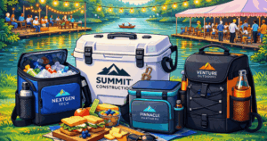 Cartoon-style wide illustration of branded coolers at a vibrant outdoor corporate event, highlighting colorful insulated promotional coolers used for B2B marketing campaigns.