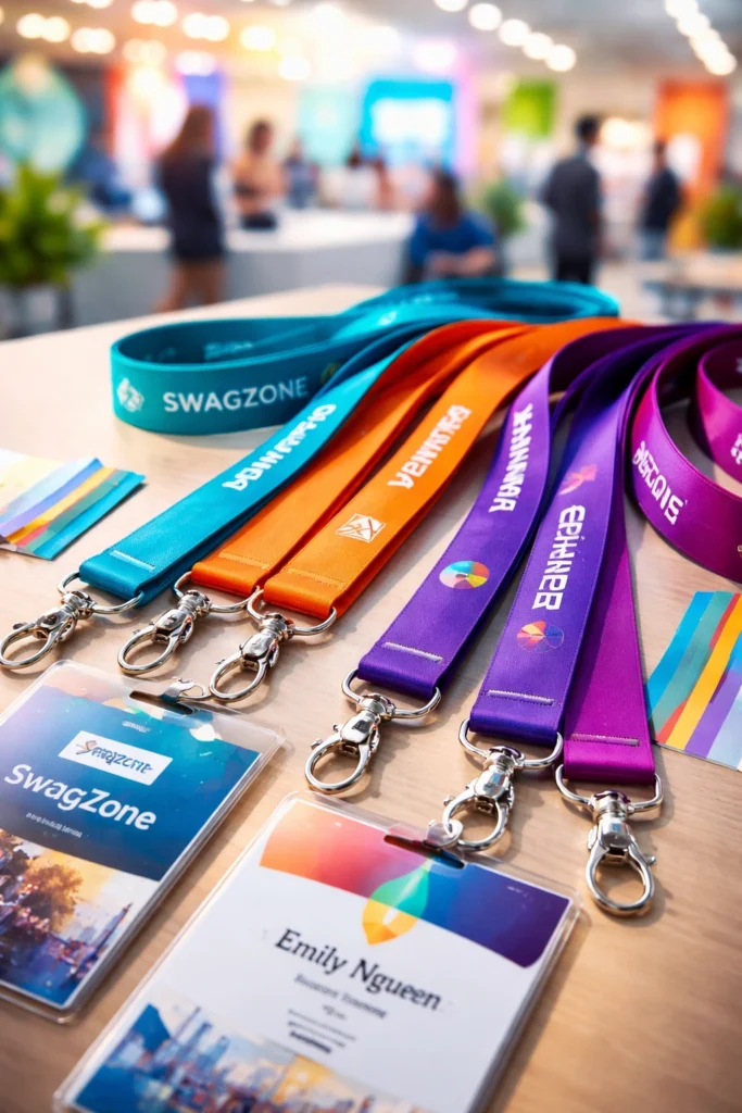 Colorful custom lanyards with metal clips displayed at a corporate event booth, highlighting vibrant branded lanyards for conferences and employee ID use.