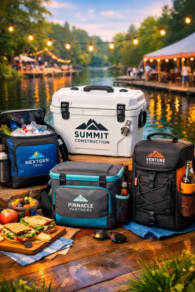 Branded coolers displayed at a vibrant outdoor corporate event by the water, showcasing colorful insulated promotional coolers for B2B marketing campaigns.
