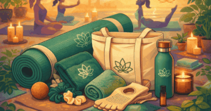 yoga studio swag ideas illustrated with branded yoga products and wellness accessories
