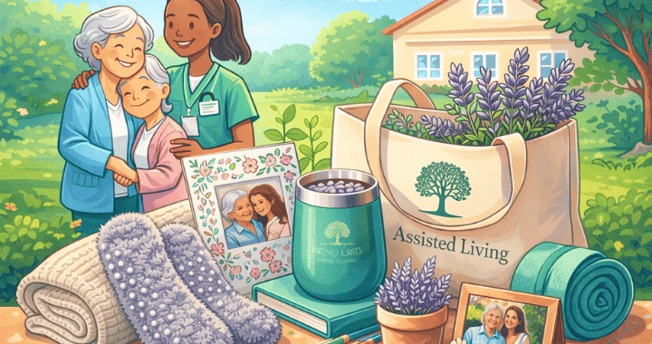 retirement assisted living swag ideas illustrated with cozy gifts, caregiver support, and community lifestyle in a colorful cartoon scene