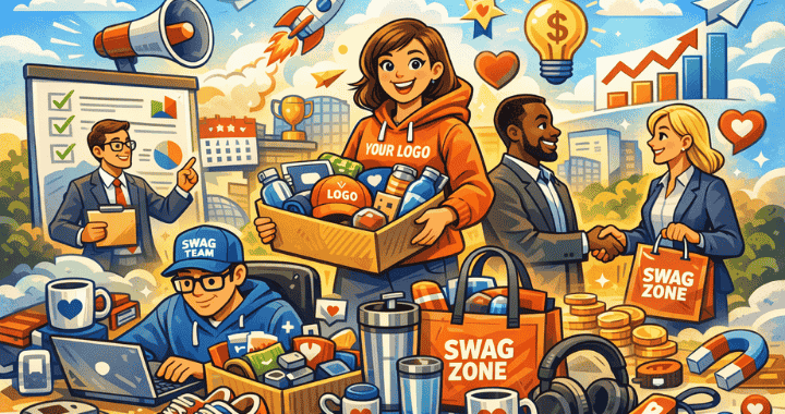 Cartoon illustration of corporate swag strategy featuring branded merchandise, employee gifting, promotional products, and business growth concepts.